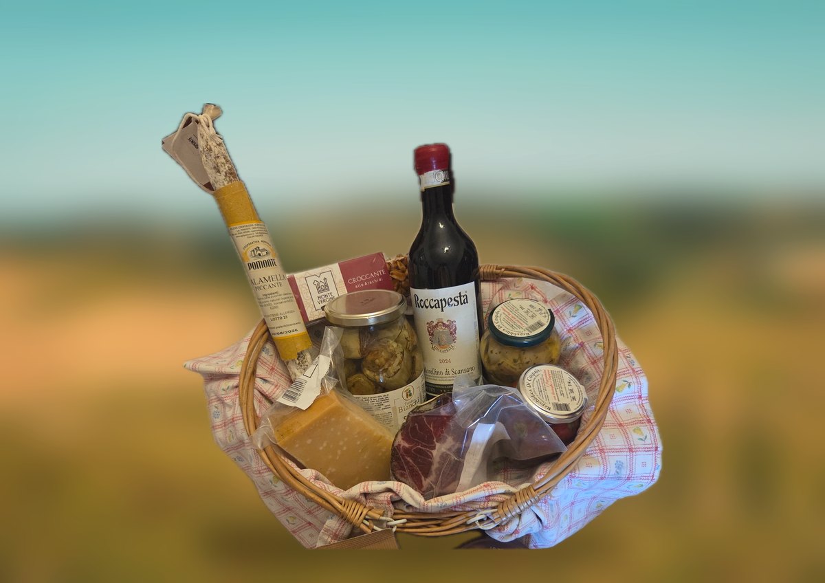 Präsentkorb Pacco Grande mit Morellino-Rotwein, Coppa, Pecorino, Salame und Antipasti