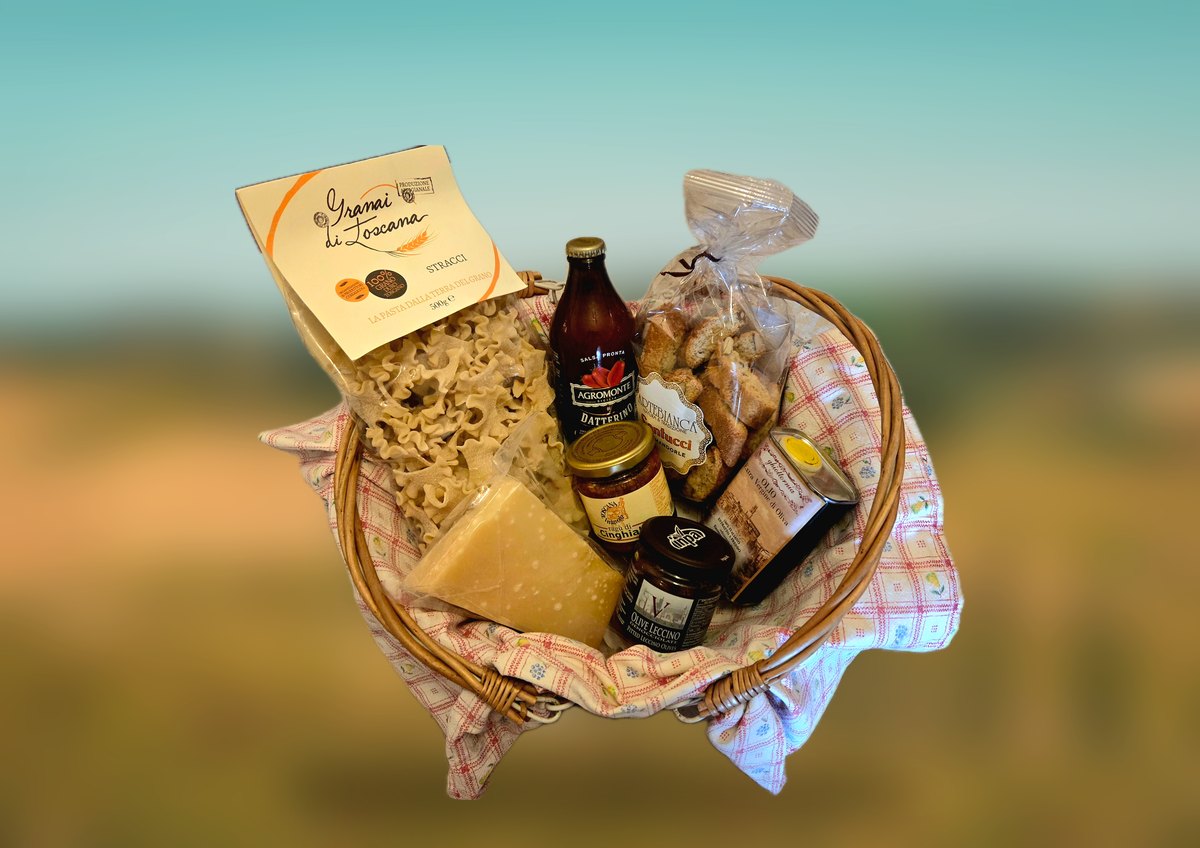 Geschenkkorb Pacco Piccolo mit Pasta, Pecorino, Sugo, Cantucci und Olivenöl aus der Toskana